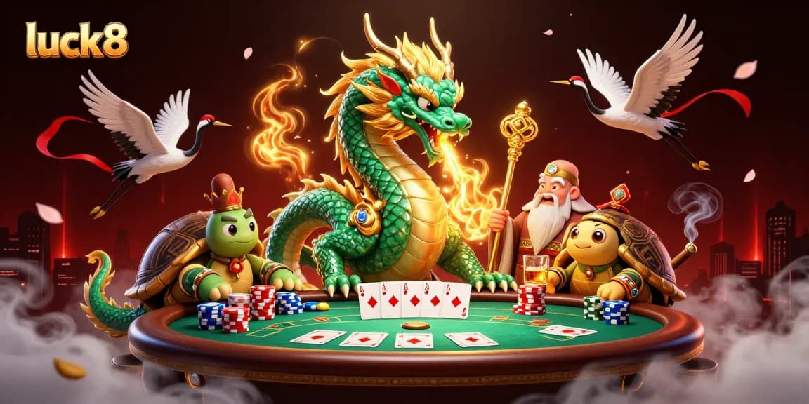 Engage with luck8's thrilling atmosphere featuring a dragon, turtle sage, and poker elements.