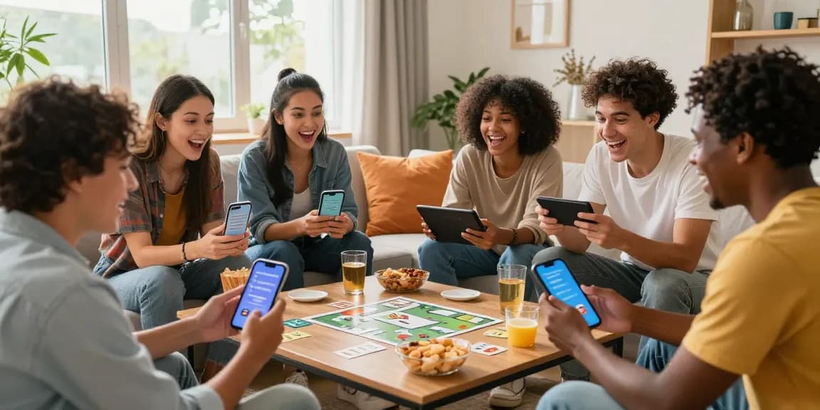 Interaktive Quizsession mit Freunden über Allgemeinwissen in einem hellen Wohnzimmer.