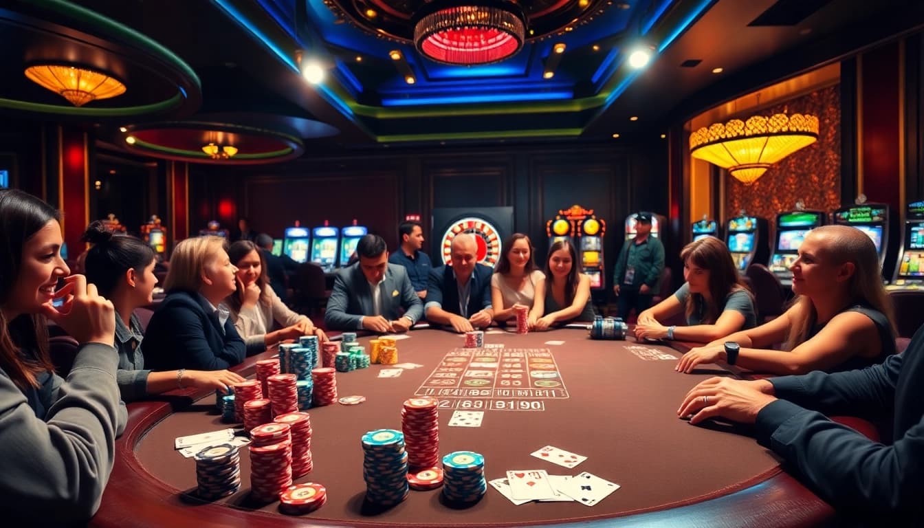 Exciting scene at uu881 club with casino players engaged at a vibrant poker table full of chips.