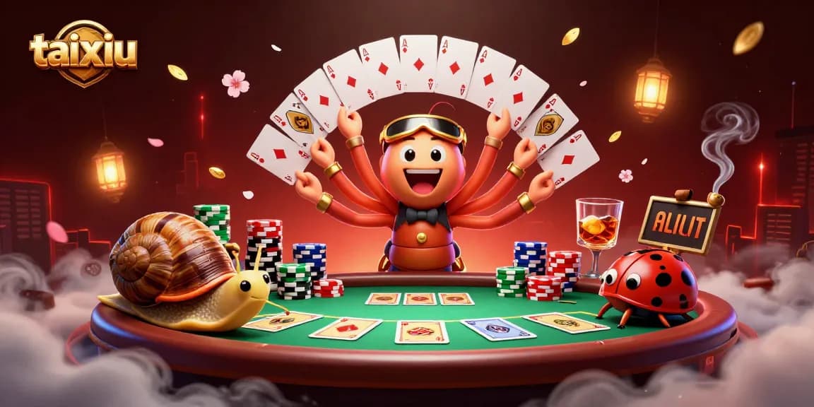 Experience thrilling taixiu action as a cartoon millipede dealer and friends create an exciting gaming atmosphere.