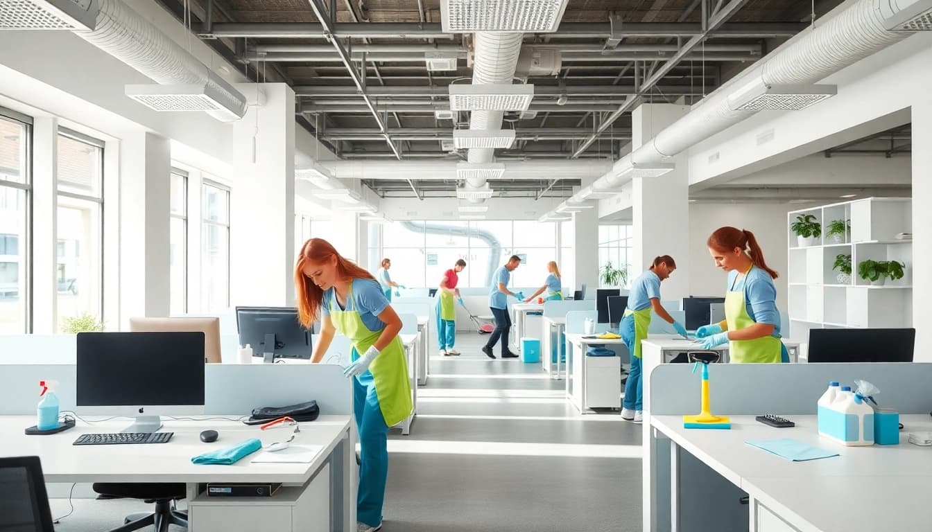Büroreinigung in Münster durch ein professionelles Team in einem modernen Büro mit hellem Licht.