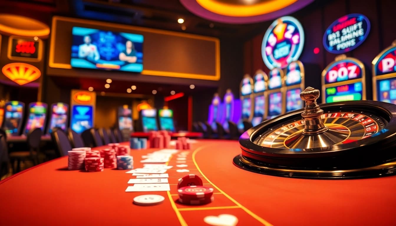 C168 casino scene featuring vibrant gaming elements and luxurious atmosphere with slot machines and poker chips.