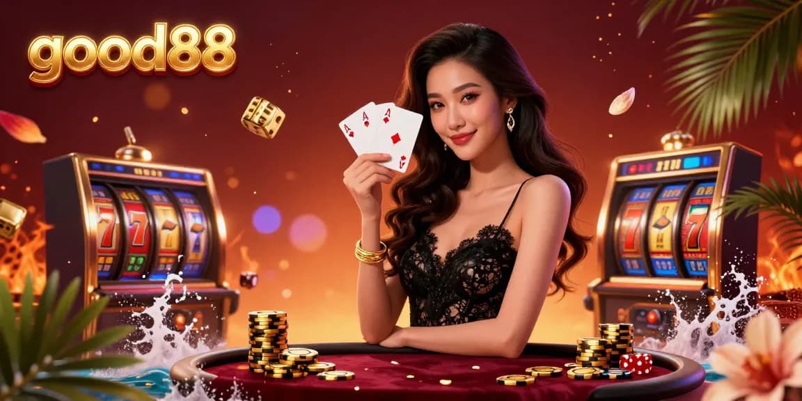 Experience luxurious gameplay at good88 with a stunning Asian dealer showcasing winning cards.