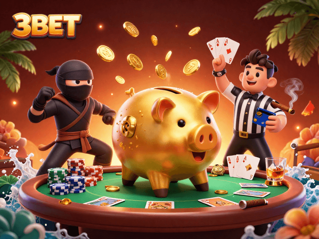 Experience thrilling gaming with 3BET: dynamic casino scene featuring colorful poker elements.
