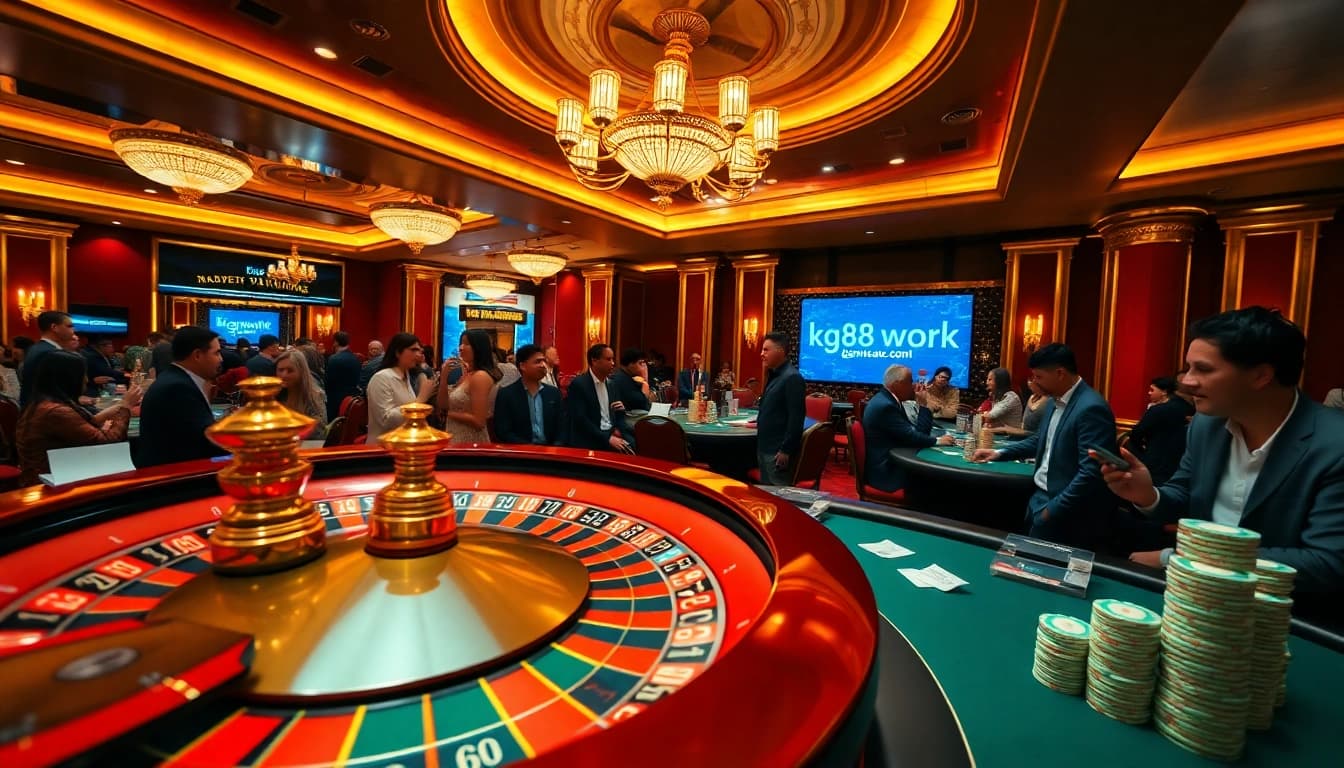 Experience excitement at KG88 with vibrant poker chips and roulette gameplay at a luxurious casino.
