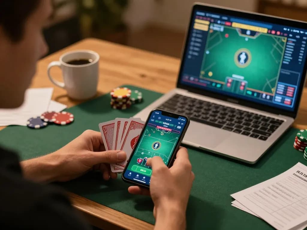 Engaged player using mb66-t to strategize in an online poker game with a smartphone app.