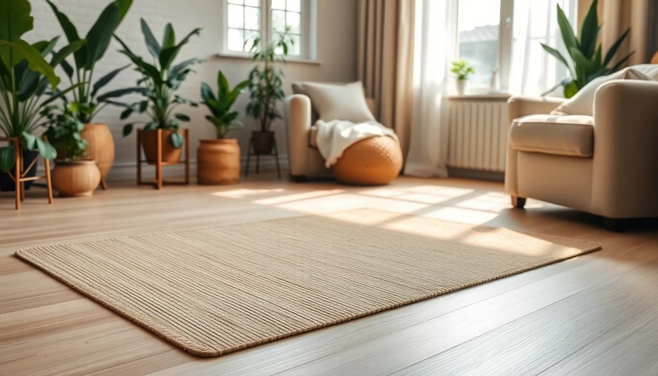 Hanfmatte in einem stilvollen Wohnzimmer mit natürlichem Licht und gemütlicher Atmosphäre gestalten