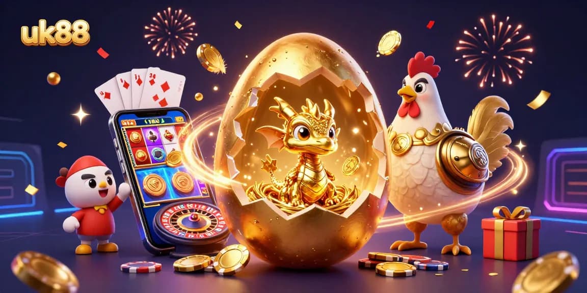 Engage with uk88's vibrant gaming scene featuring a magical dragon and golden elements.