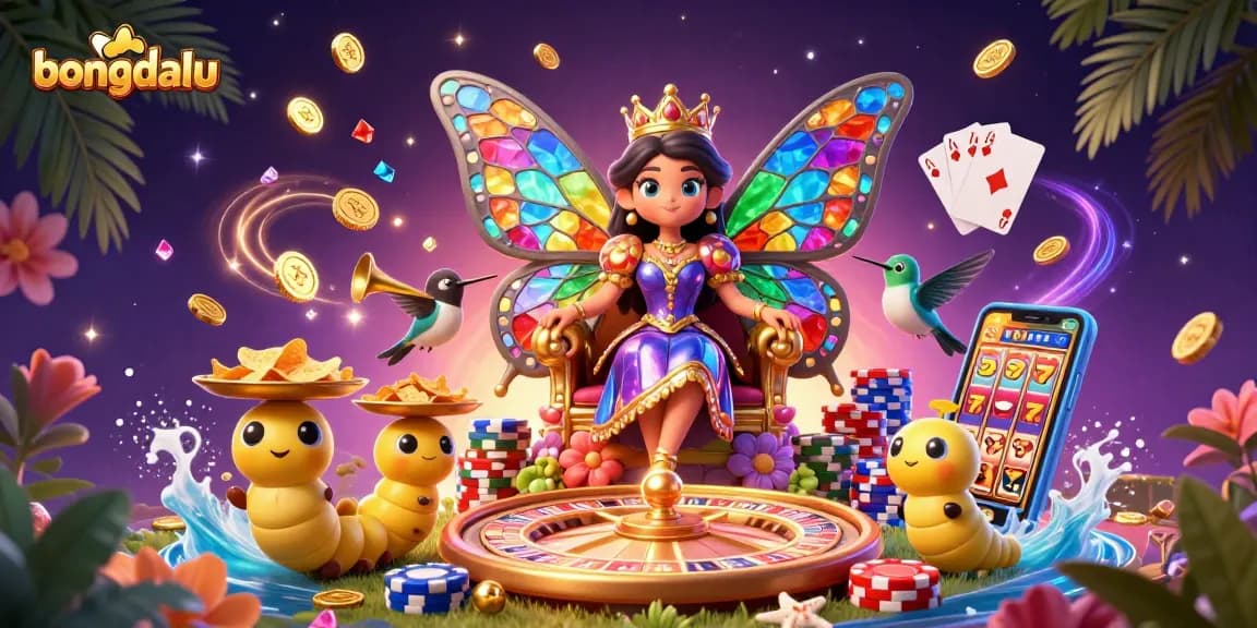 Bongdalu enhances gaming excitement with a vibrant scene of a butterfly queen, golden chips, and dynamic casino elements.