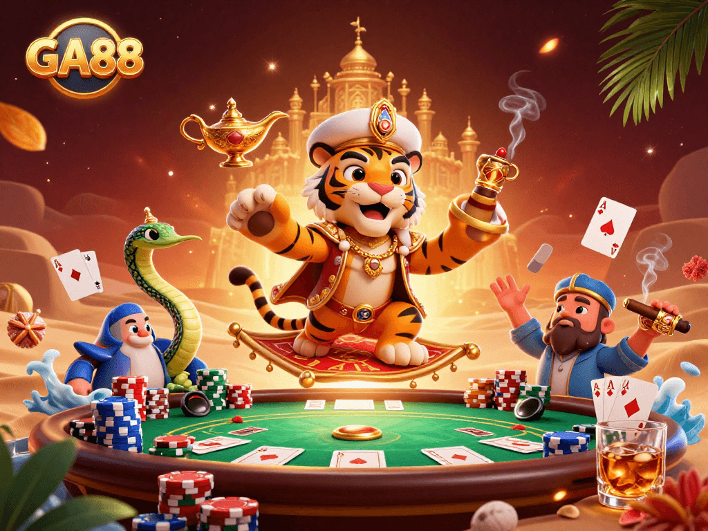 Join the GA88 action with a dynamic tiger sultan and poker elements in this vibrant casino scene.