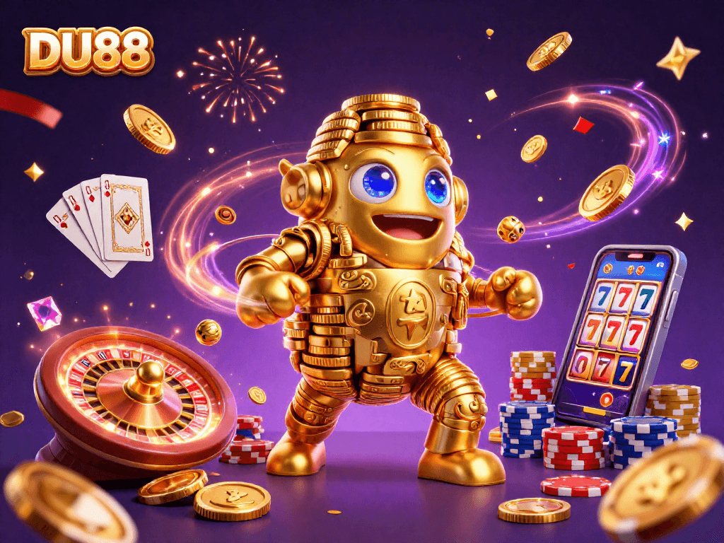 Experience thrilling games at DU88 with a dynamic 3D casino illustration featuring exciting elements.