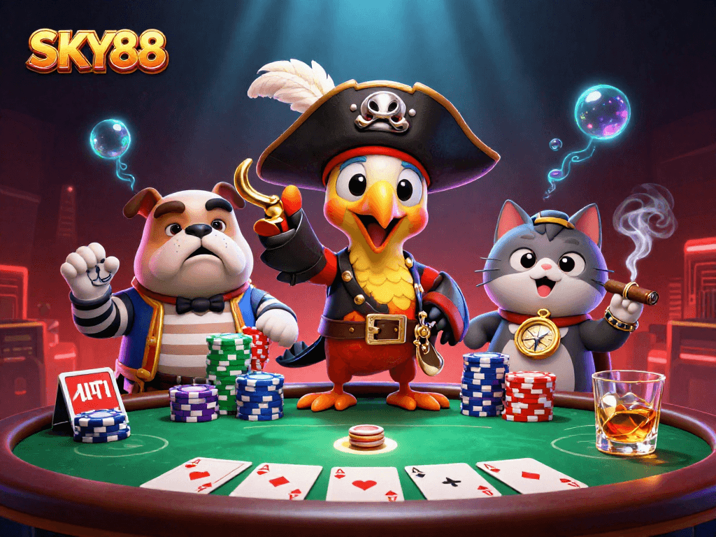 SKY88 showcases an exciting poker scene with a charismatic cartoon pirate captain, bulldog, and cat navigator.