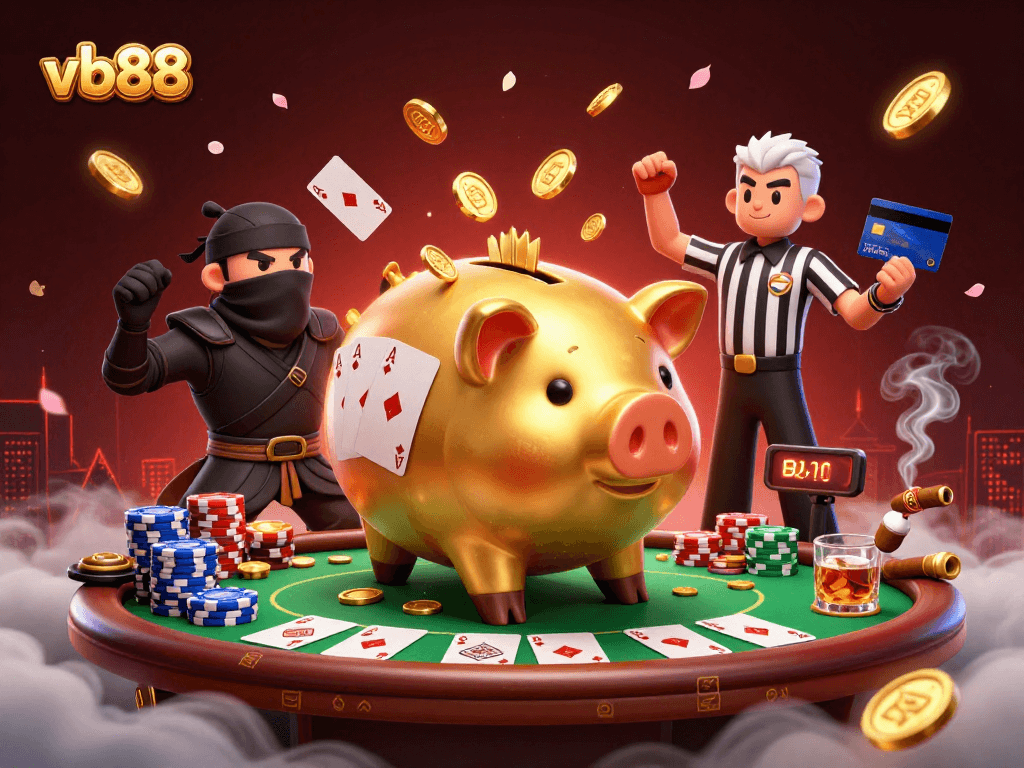 Engage with vb88 in this dynamic casino scene featuring a golden piggy bank sumo wrestler, chips, and cards.