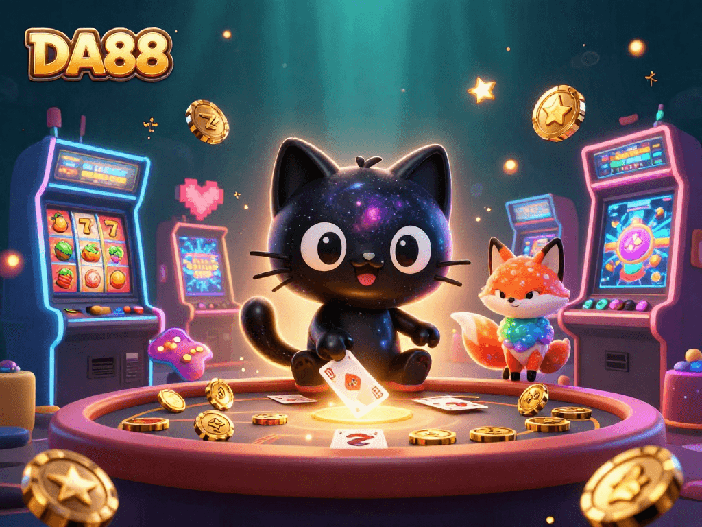 Engage with DA88's cosmic casino experience featuring a black hole cat pulling in chips.