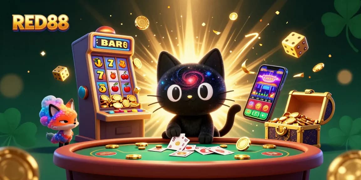 Engage with thrilling gaming at RED88, featuring cosmic characters, dynamic slot machines, and vibrant casino activities.