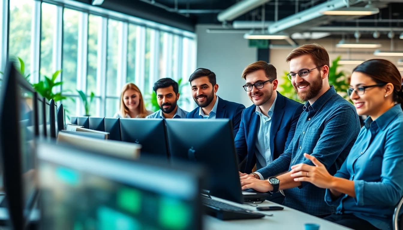 IT Dienstleister bei der Zusammenarbeit in einem modernen Buero mit technologischen Geraeten.