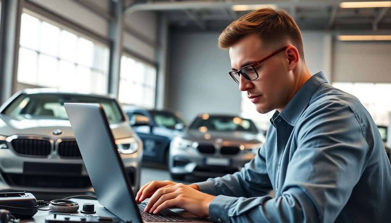 BMW Codierer arbeitet konzentriert an modernem Auto in einer gut beleuchteten Werkstatt.