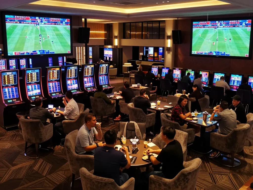 Kèo nhà cái sports betting experience in a vibrant casino lounge with live games and excited bettors.