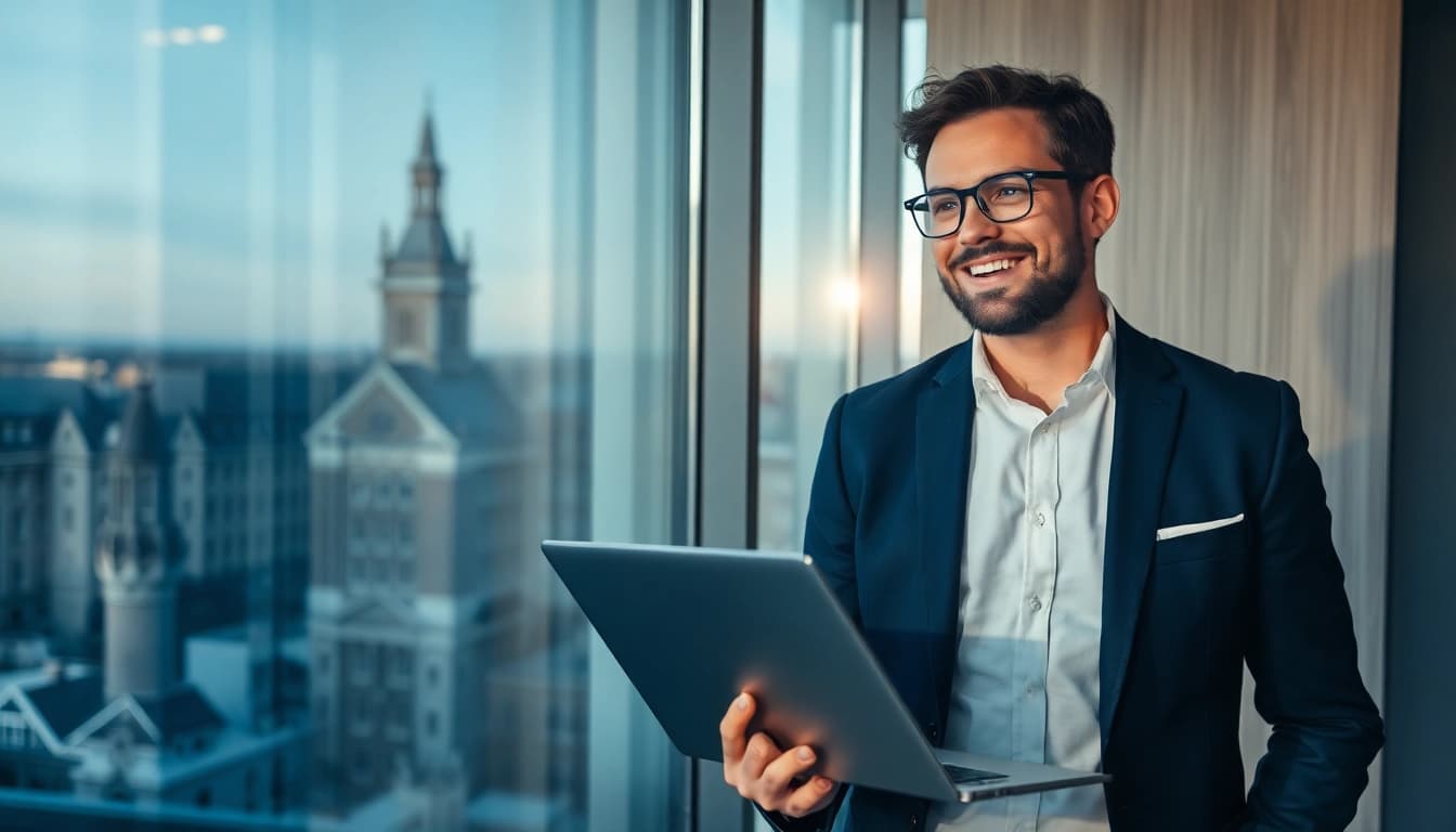 Headhunter Lübeck berät Kunden im modernen Büro mit Stadtansicht.