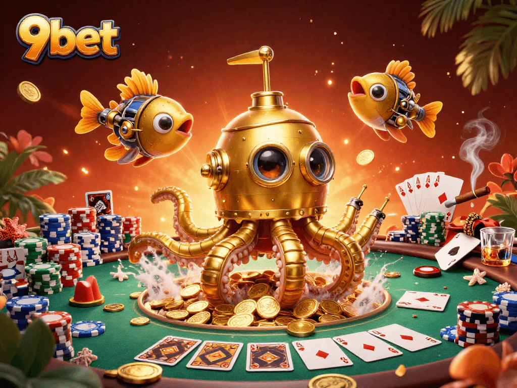 Engaging scene of 9bet’s adventurous kraken submarine amidst poker elements, showcasing excitement in gambling.