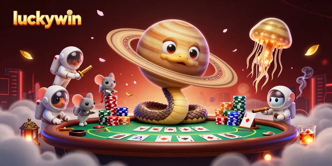 Engage with luckywin's thrilling game action featuring cosmic characters and vibrant casino elements.