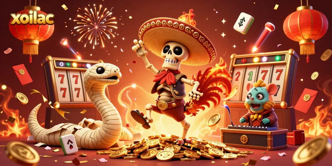 Experience the thrill of xoilac slots with vibrant characters celebrating around jackpot coins.