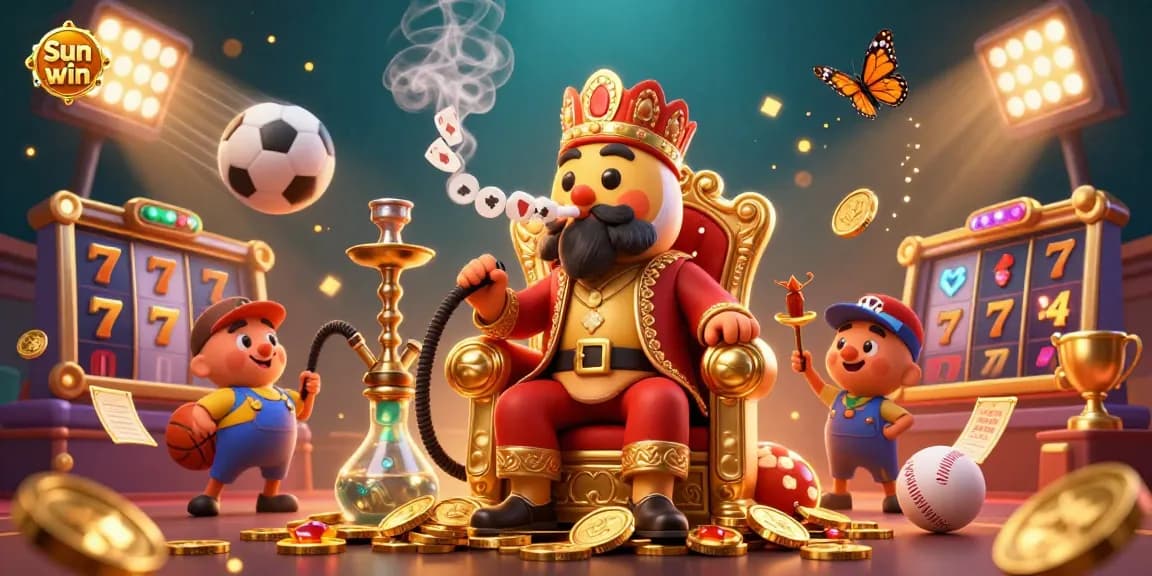 Engage with Sun win through a vibrant 3D casino scene featuring characters celebrating with stunning slot elements and golden coins.