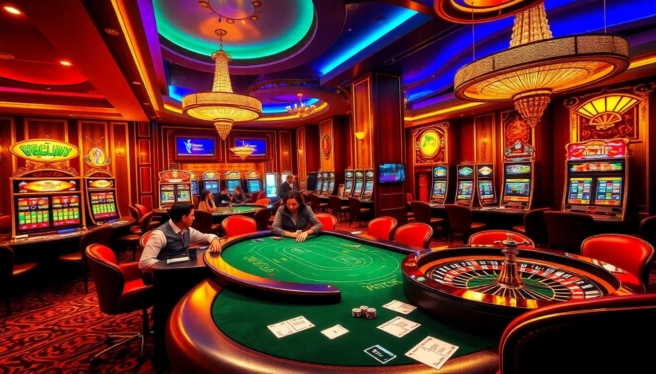 Sao789 gaming scene with intense poker action, elegant slot machines, and high-stakes betting atmosphere.