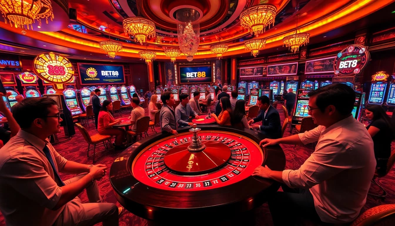 Gamblers celebrating a win at BET88's luxurious casino atmosphere with roulette and slot machines.