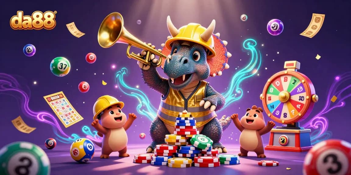 Engage with da88's exciting gaming world as a triceratops builds poker chips amidst vibrant lottery elements.