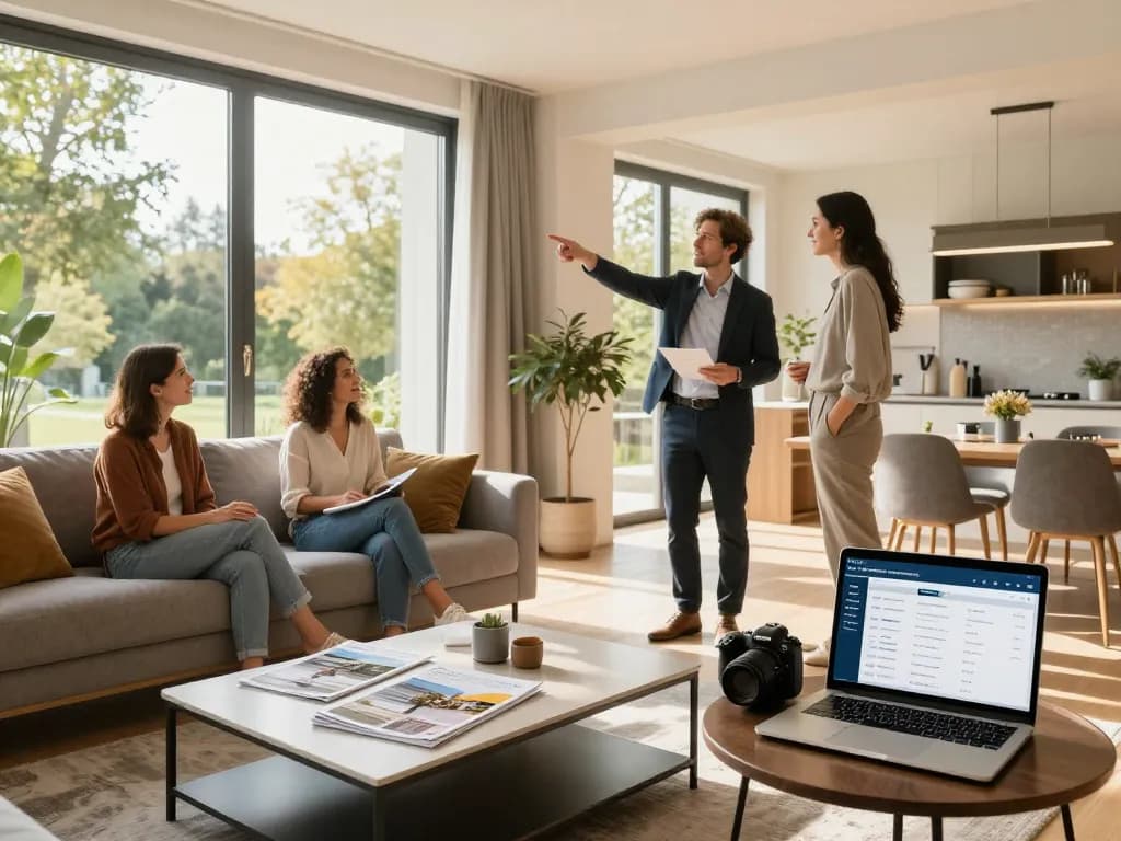 Immobilienmakler Frankfurt Ginnheim präsentiert eine moderne Wohnung potenziellen Käufern und zeigt einen geräumigen Wohnbereich mit natürlichem Licht.