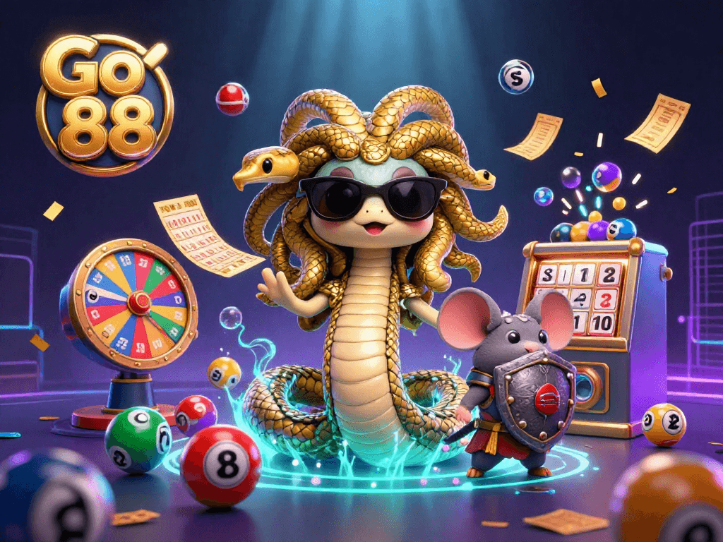 Engage with Go 88 through an exciting lottery-themed illustration featuring friendly characters and vibrant game elements.