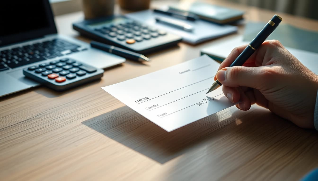 Hand writing a check on a classic paper check amidst a stylish desk setup.