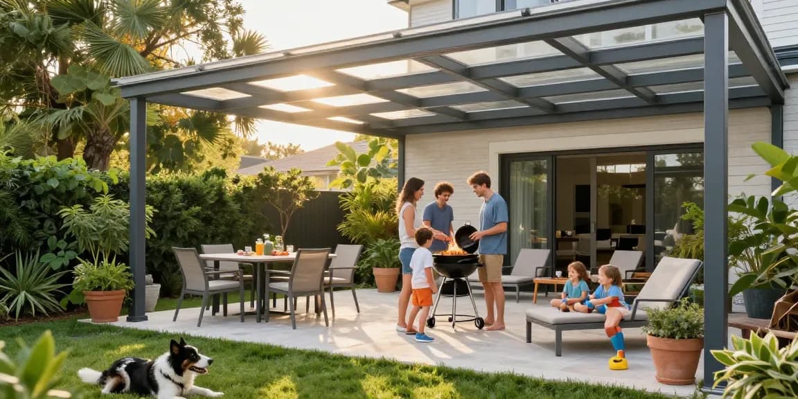 Moderne Terrassenüberdachung mit Familie beim Grillen und grüner Umgebung.