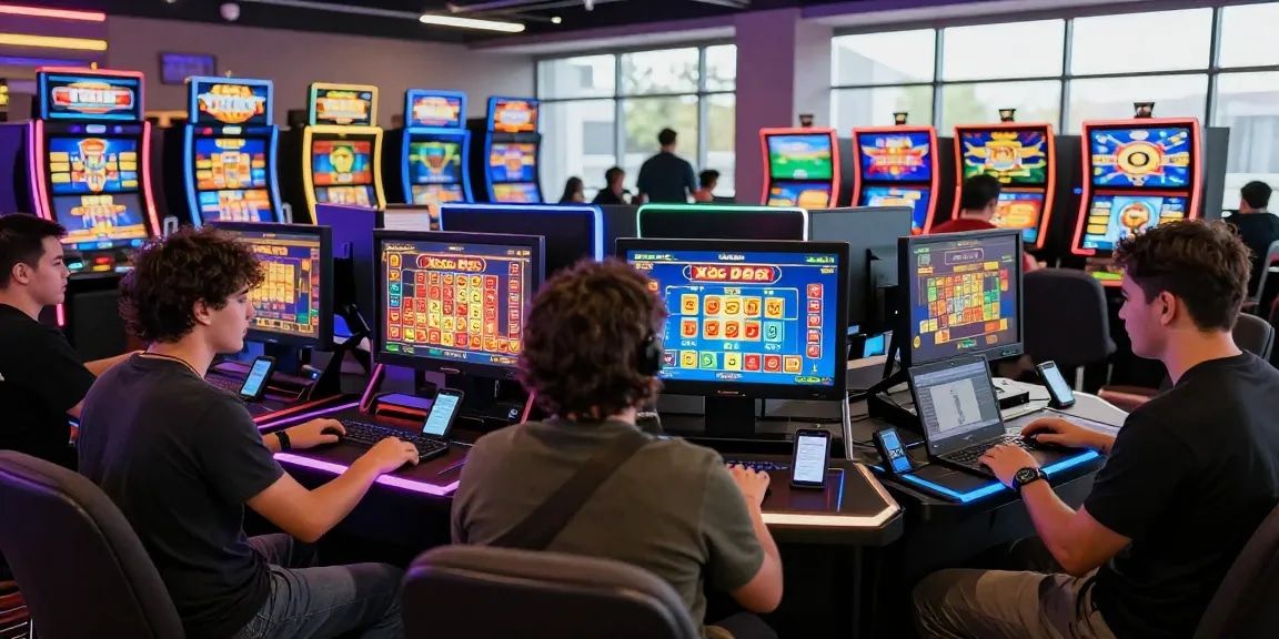 Xocdia88 players enjoying dynamic online casino games, vibrant atmosphere with digital displays showcasing winnings.