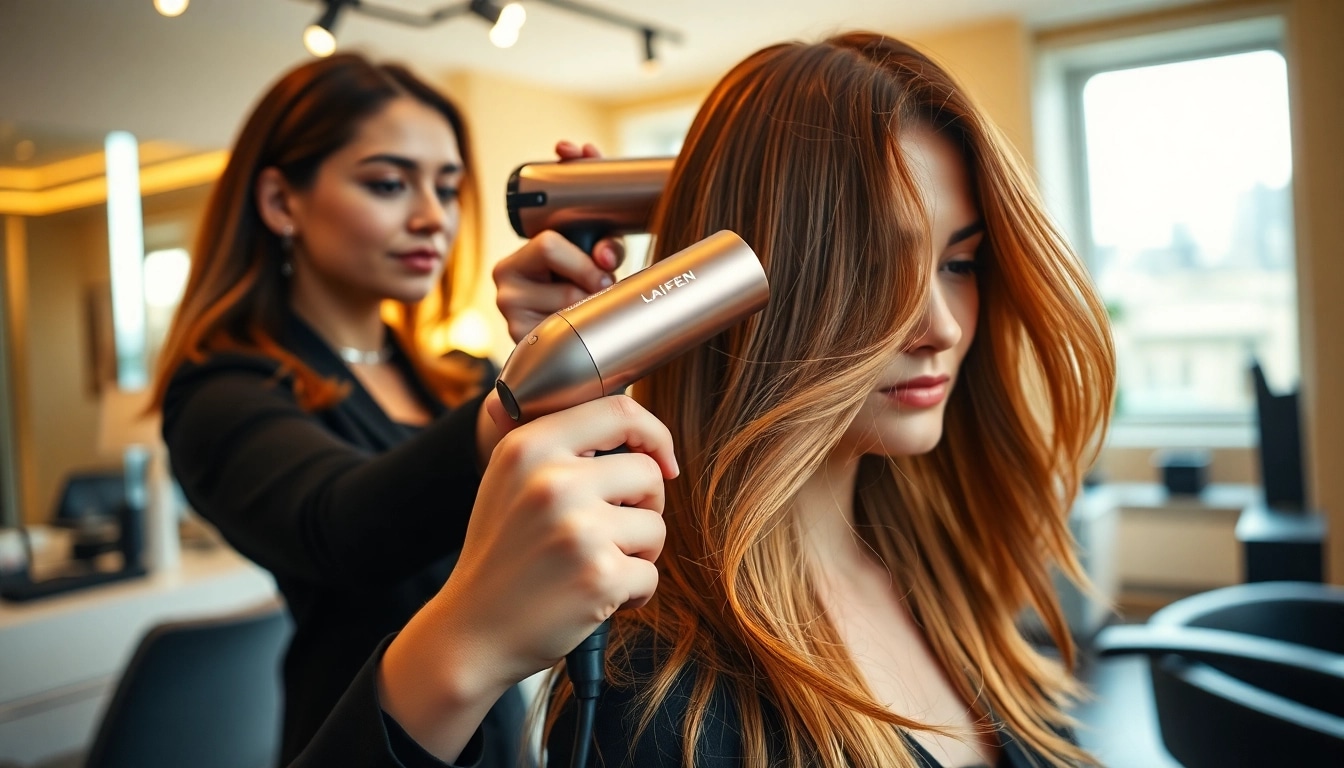 Die laifen swift Haartrockner wird professionell von einem Stylisten verwendet.