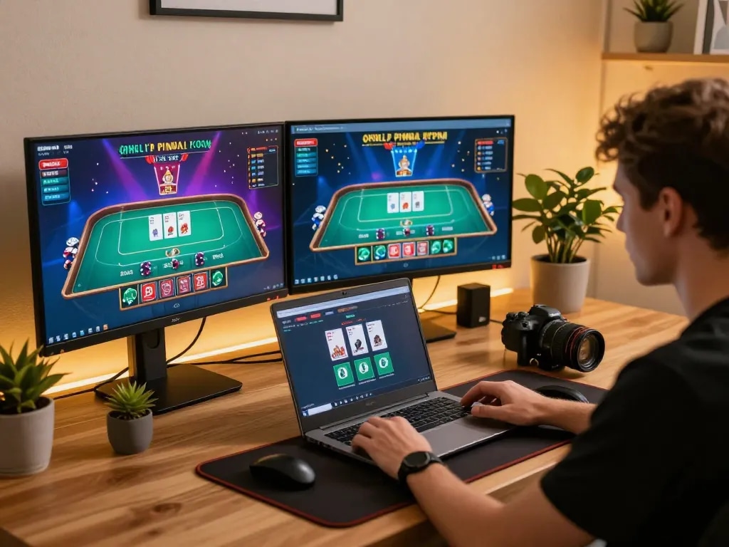 cm88a player engaged in live dealer game on laptop with multiple screens showing vibrant casino action