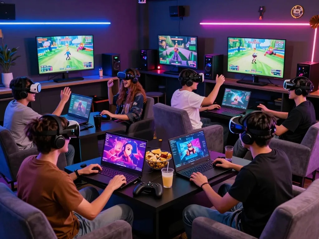 Engaged players enjoying HTML sex games in a vibrant gaming lounge.
