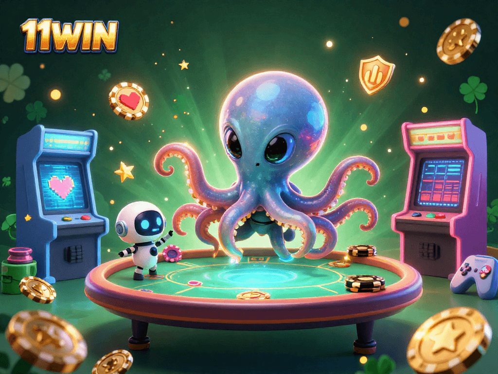 Join the thrilling experience at 11WIN with the alien octopus and robot at a poker table in this vibrant casino scene.