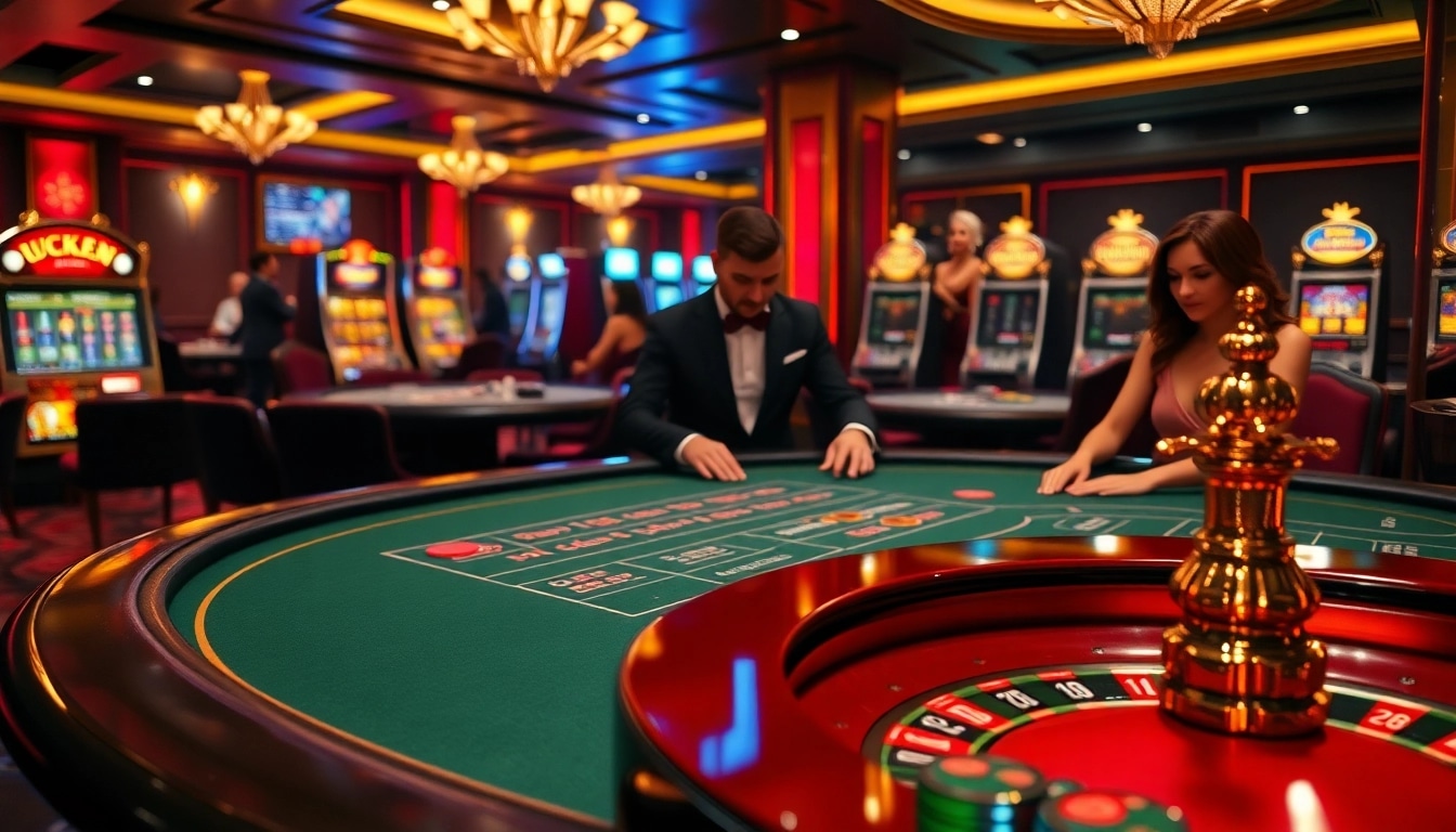 Không gian casino LUCK8 với bàn chơi sôi động, người chơi hào hứng và những máy slot hấp dẫn.