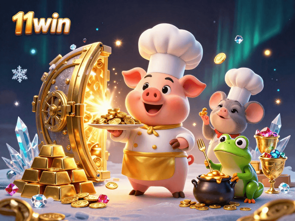 Win big at 11win with a vibrant illustration of characters celebrating amid overflowing gold coins and treasures.