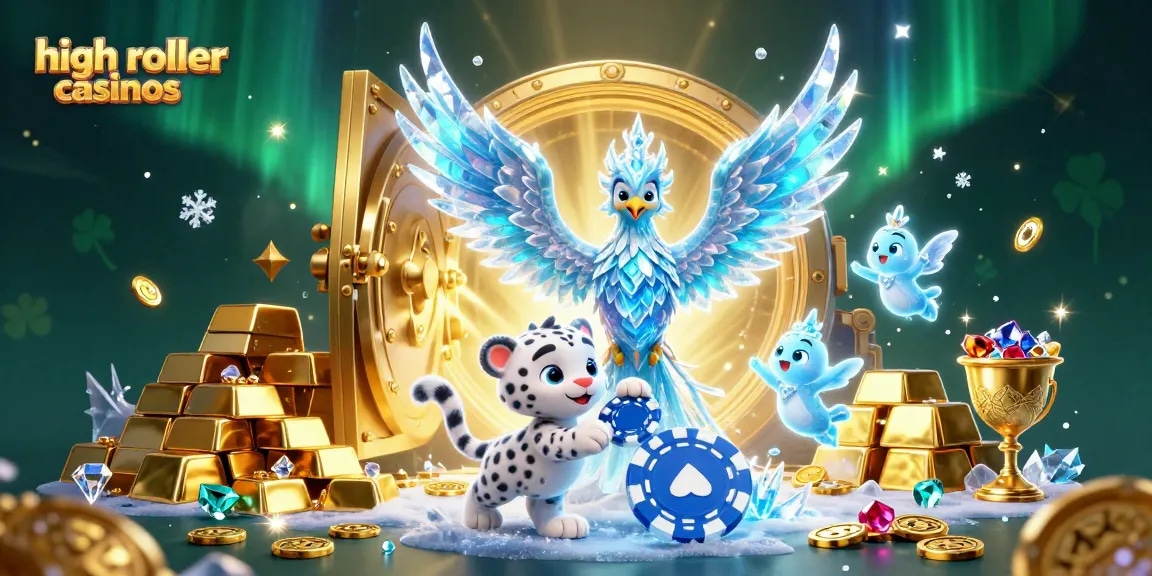 Experience high roller casinos with an exciting cartoon scene featuring an ice phoenix, poker chip, and treasures.