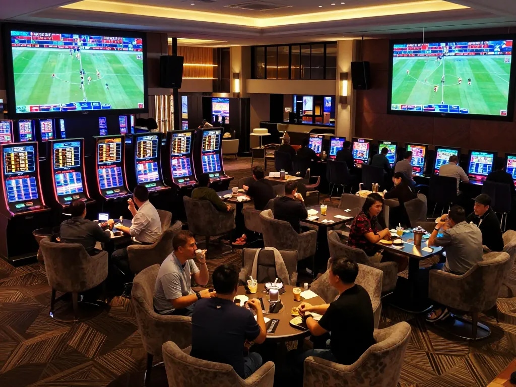 Kèo nhà cái sports betting experience in a vibrant casino lounge with live games and excited bettors.