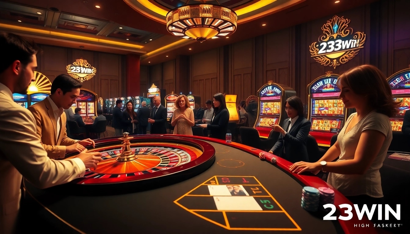 Experience the luxurious excitement of 23WIN with vibrant casino scenes showcasing poker, roulette, and slot gaming.