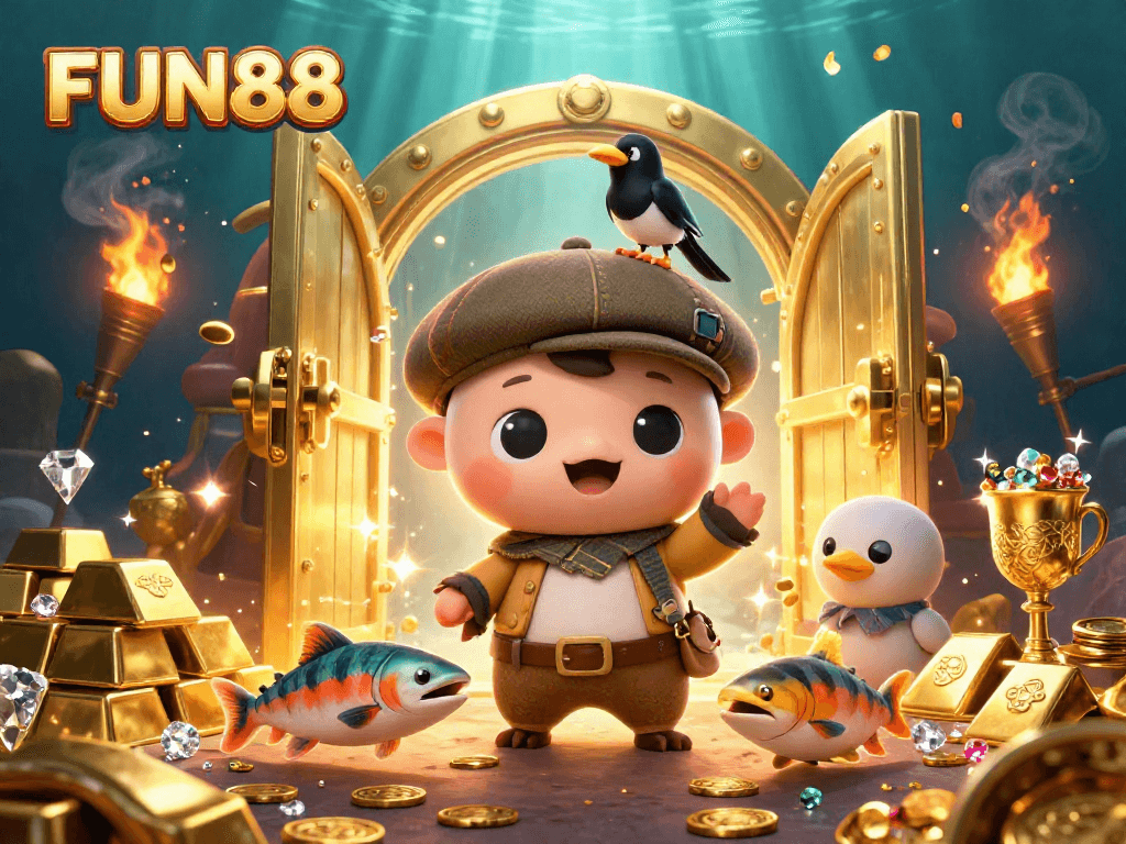 Experience FUN88 with a playful cartoon Nessie and treasures in a vibrant casino scene.