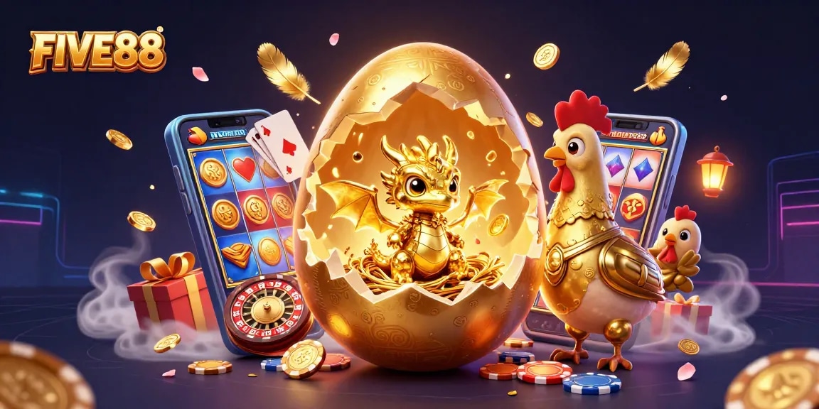 Engage with BIG wins at FIVE88, showcasing a golden dragon on poker chips amidst dynamic gaming elements.