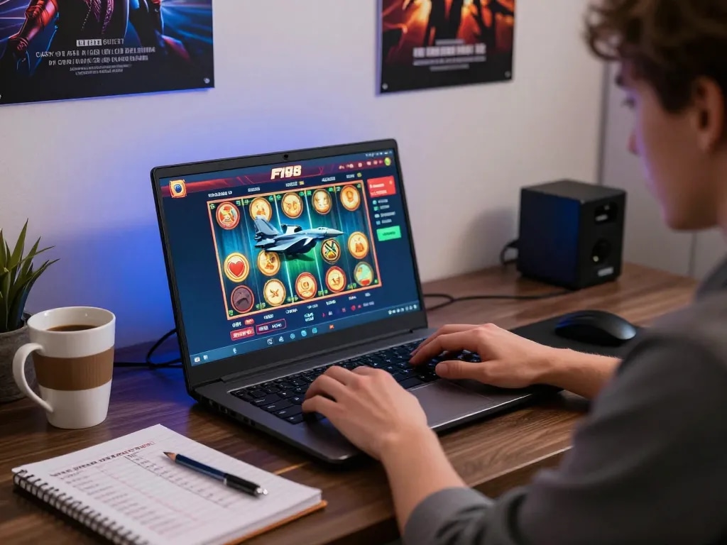Engaged player exploring F168 online casino on laptop, analyzing strategies in a cozy home office.