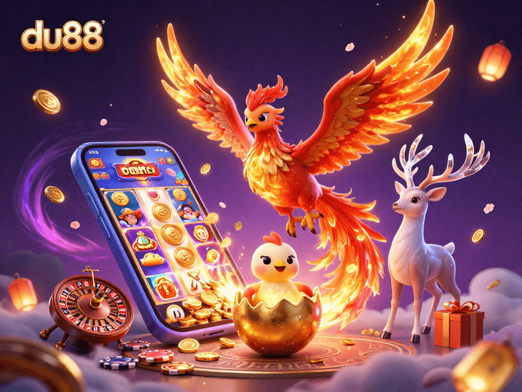 Experience du88 with a dazzling fire phoenix soaring amid slot games, coins, and festive decorations.