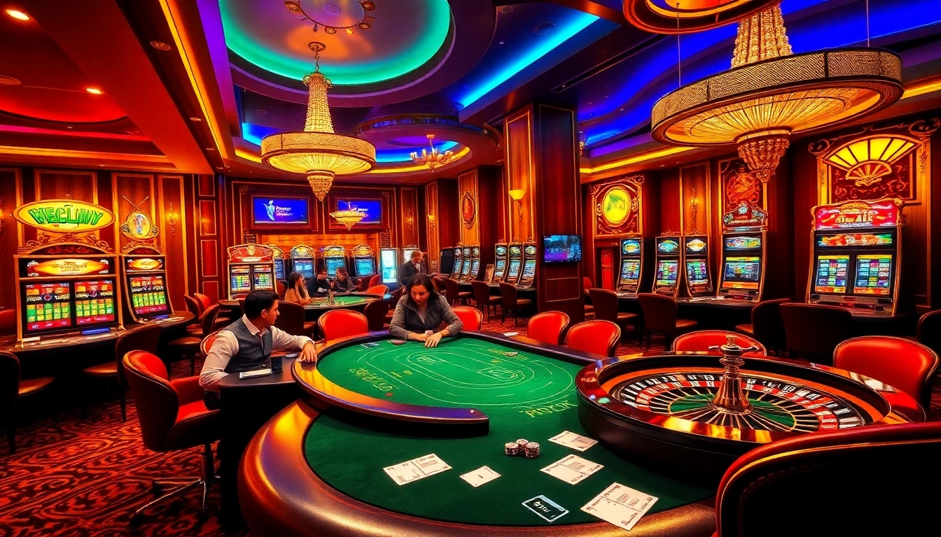 Sao789 gaming scene with intense poker action, elegant slot machines, and high-stakes betting atmosphere.