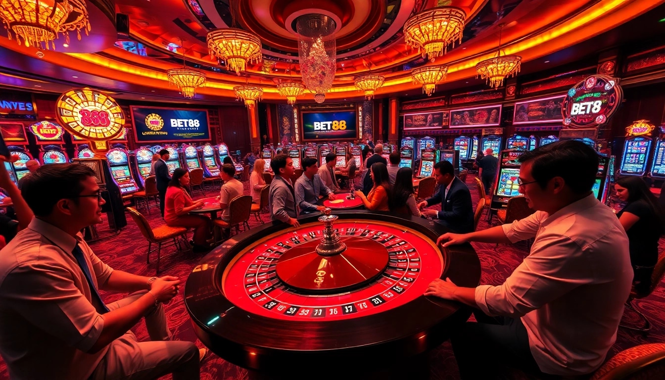 Gamblers celebrating a win at BET88's luxurious casino atmosphere with roulette and slot machines.